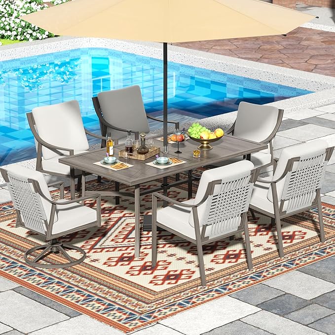 NATURAL EXPRESSIONS 7 Piece Patio Dining Table Outdoor Furniture Set for 6, 4Pcs Fixed and 2Pcs Swivel Patio Dining Chairs with Olefin Cushions, 65”Large Dining Table with Umbrella Hole NaturalExpressions
