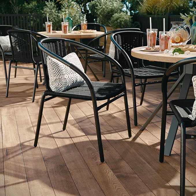 EMMA + OLIVER Set of 2 Modern Rattan Indoor/Outdoor Stack Chairs, Stacking Rattan Patio Chairs with Curved Back and Cross Bracing, Black EMMAOLIVER