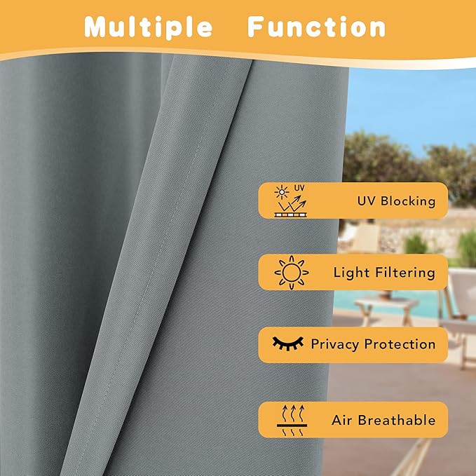 HolidayIdeas Outdoor Curtains for Patio Waterproof, 2 Panels - 84 x 84 Inch - Privacy Protection & Light Filtering Curtains Grommet Outside Curtains for Porch, Gazebo, Pergola, Backyard (Grey) HolidayIdeas