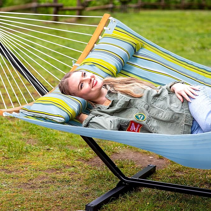 SUNCREAT Portable Outdoor Hammock with Stand Included, Double Hammock with Stand for Outside, Yellow Blue SUNCREAT