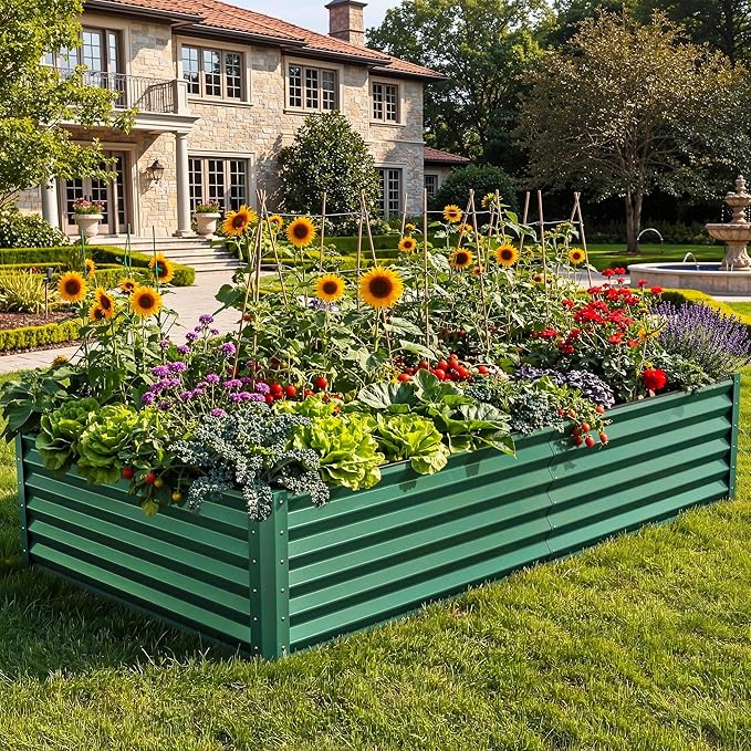 YITAHOME 8x4x1.5ft 2pcs Large Raised Garden Bed Kit, Galvanized Metal Planter Box with Gloves, Ground Nails & Safety Rubber, Outdoor Above Ground Planters for Plants Vegetables Flowers, Green YITAHOME