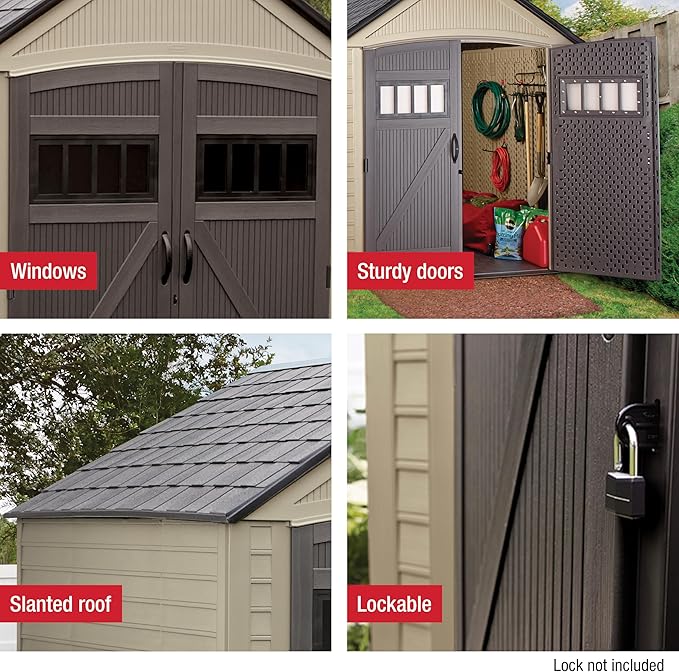 Rubbermaid Resin Outdoor Storage Shed with Floor (7 x 7 Ft) Weather Resistant, Brown Gable, Organization for Home/Backyard/Garden Tools/Lawn Mower/Bike Storage/Pool Supplies Rubbermaid