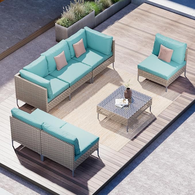 Grand patio 7-Piece Wicker Patio Furniture Set, Boho Outdoor Conversation Set Sectional Sofa with Water Resistant Thick Cushions and Coffee Table, Blue GrandPatio