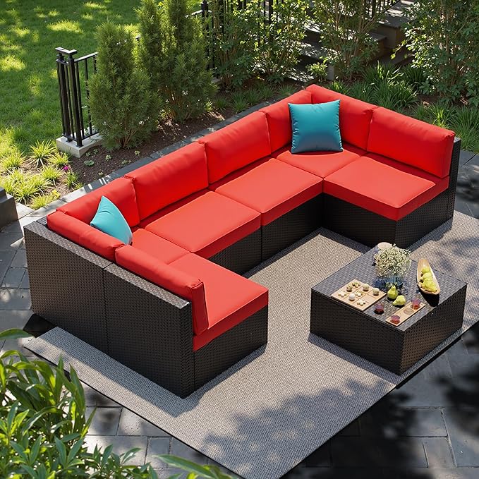 Shintenchi 7 Pieces Patio Furniture Sets Outdoor All-Weather Sectional Patio Sofa Set PE Rattan Manual Weaving Wicker Patio Conversation Set with Glass Table&Ottoman Cushion and Red Pillows, Red Shintenchi