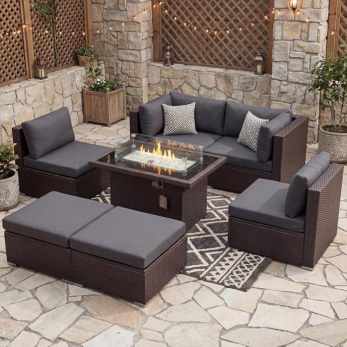 NICESOUL Extra Large Size Patio Furniture Set with Firepit Natural Gas/Propane, 6 Seater Modern Luxury Outdoor Sofa Set, 29.3'' High Backrest Backyard Sitting, Brown Rattan and Dark Grey Cushion NICESOUL