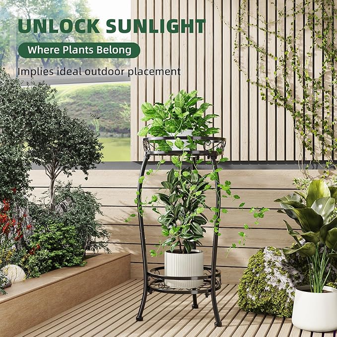 Simple Trending Plant Stand Indoor Outdoor, Tall Round Plant Shelf, 2 Tiers Metal Flower Pot Holder Stand Heavy Duty, for Garden, Balcony, Black SimpleTrending
