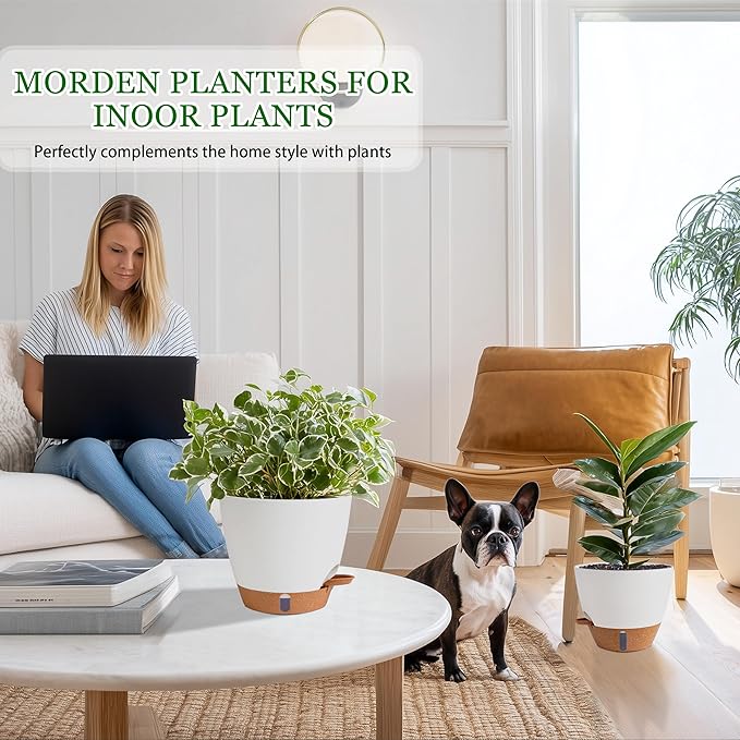 Self Watering Pots for Inoor Ourdoor Plants 10/9/8/7/6.5 Inch Plastic Planters with Drainage Holes & Water Level Indicator, Decorative House Flower Nursery Planting Pots with Saucers ((White) Fielda
