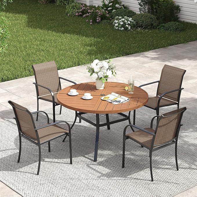 VICLLAX Patio Table and Chair Set of 4, All Weather Metal Round Outdoor Dining Furniture Set-40.6" Round Outdoor Table and Chairs, Walnut Wood Grain Tabletop HOME