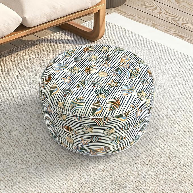 LVTXIII Indoor/Outdoor Extra Large Inflatable Ottoman Pouf D31 x H14 Inch, Round Footstool with Handle, Weather-Resistant Portable Furniture for Patio, Camping, Beach, Cabana Shells LVTXIII