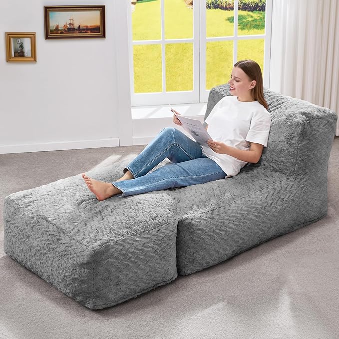 Hobestluk Bean Bag Chair Big Bean Bag Lounger for Adults Bean Bag Couch with Memory Foam Filled for Living Room, Bedroom or Balcony (Chevron Plush Grey) YourHomeDeservesMore