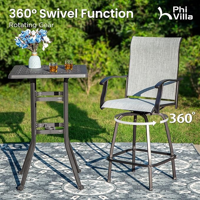 PHI VILLA Outdoor Swivel Patio Bar Stools Set of 2, 30 Inch Bar Height Tall Patio Chairs with Back & Armrest, Durable Textilene Fabric in Grey for Deck Lawn Garden PHIVILLAThepioneerofcomfortablehouseholdsupplies