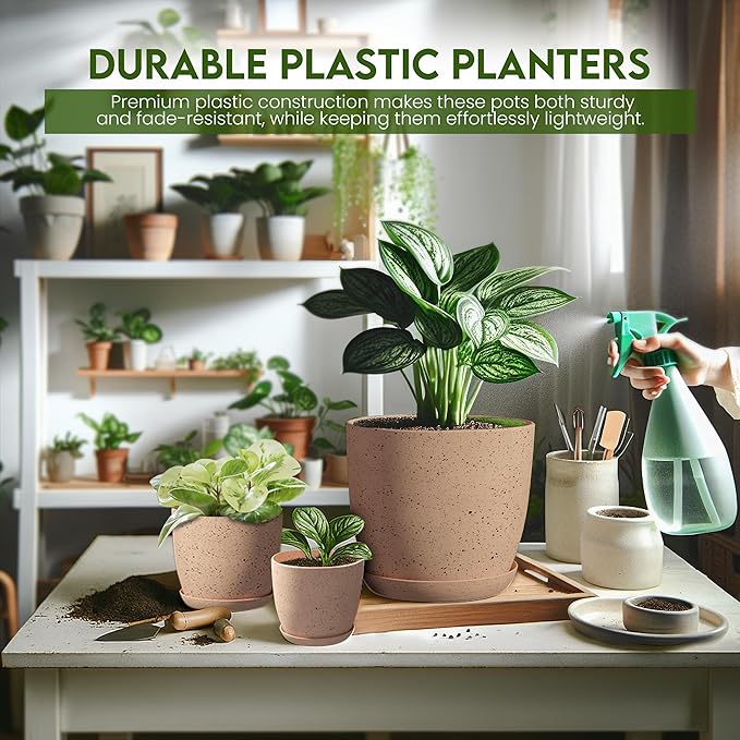 Utopia Home - Spotty Plant Pots Indoor with Drainage - 7/6.6/6/5.3/4.8 Inches Flower Pots - 5 Pack Plastic Planters - Ideal for Stocking Stuffers - (Speckled Peach Pink, Pack of 5) UTOPIAHOME