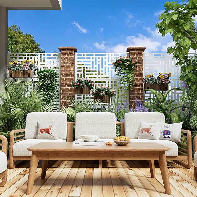 Casaphoria Metal Privacy Screen Outdoor, 72" H x 47" W Freestanding Decorative Privacy Screen for Patio Deck Balcony Garden with Stable Base, White-Helen Casaphoria