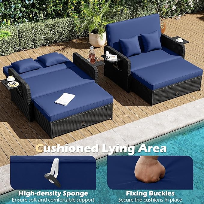 Tangkula Patio Rattan Daybed with 4-Level Adjustable Backrest, Outdoor PE Wicker Loveseat with Storage Ottoman & Folding Side Tray, Double Sunbed Lounger for Balcony, Backyard & Poolside (Navy) TANGKULA