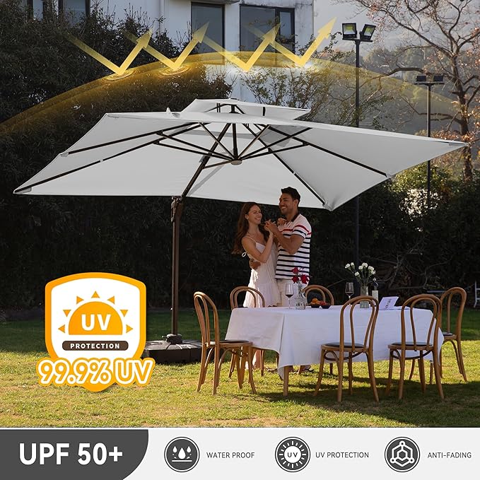 10 X 13 FT Cantilever Outdoor Patio Umbrella with Base Included Large Heavy Duty 360° Rotation Double Top Offset Rectangular Umbrellas with Led Lights for Backyard Outside Deck,Fog Grey MEVBC