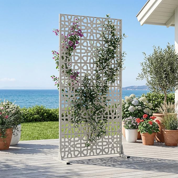 Casaphoria Metal Privacy Screen Outdoor, 72" H x 35" W Freestanding Decorative Privacy Screen for Patio Deck Balcony Garden with Stable Base, Grey-Perilla Casaphoria
