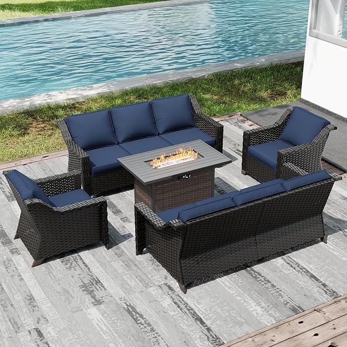 Joyside Wicker Patio Furniture Sets, 5 Pieces Upgraded Large Size Outdoor Furniture with Patio Dining Chair, Two 3-Seat Sofa, Fire Table,Thick Cushions, Wide Armrest, Blue Joyside