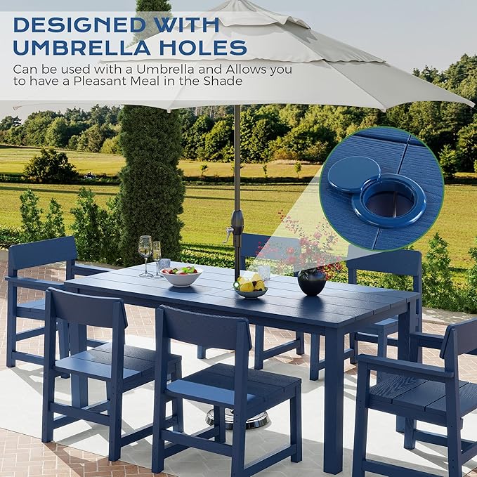 7 Piece Outdoor Dining Table Set HIPS Patio Dining Sets with Umbrella Hole Outdoor Furniture for 6 All Weather Patio Furniture Set for Outside Deck Backyard Poolside Garden, Deep Blue JOCOEVOL