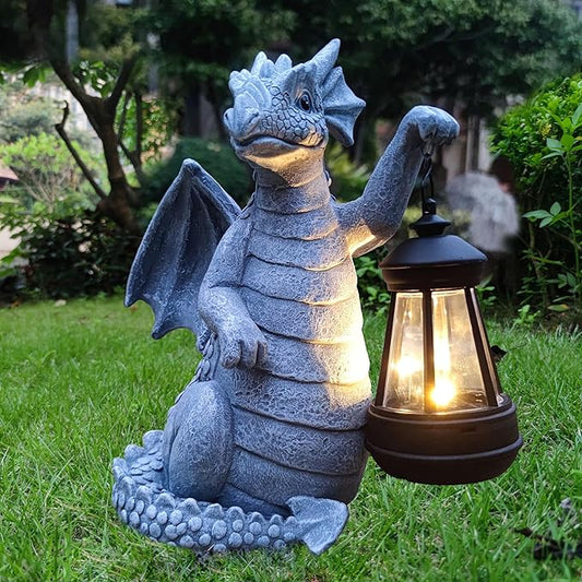 Solar Dragon Garden Statue Decoration with Solar Lantern,Dragon Figurine Lights Outdoor Décor for Yard，Lawn ,Patio, Balcony, Unique Housewarming Ornament Qobumy