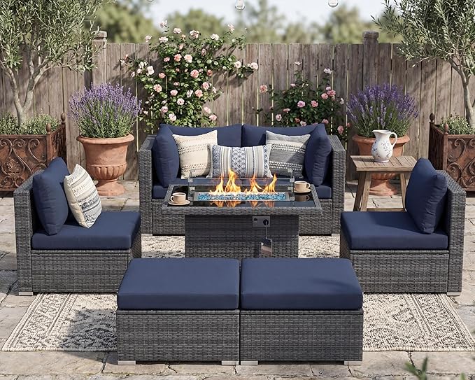 NICESOUL 7 Piece Outdoor Sectional Sofa Set with Firepit Natural Gas & Propane Convertible, Oversized Deep Seating Patio Furniture for Tall Person, 2 Color Cushion Navy & Gray for Easy Maintenance NICESOUL