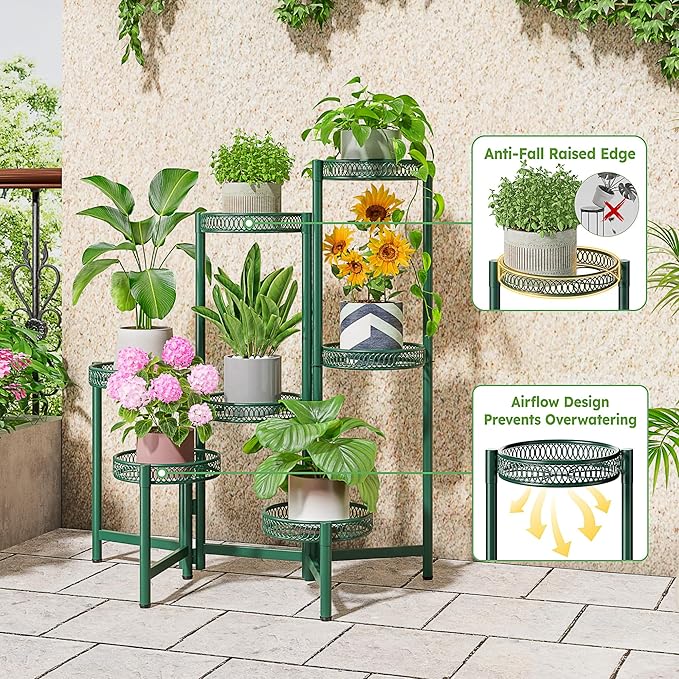 7 Tier Metal Corner Plant Stand Indoor Outdoor, Folding Tall Plant Rack, Heavy Duty Wrought Iron Flower Pot Stand, Planter Display Rack for Living Room Balcony Garden Patio - GreenFlower Rootora