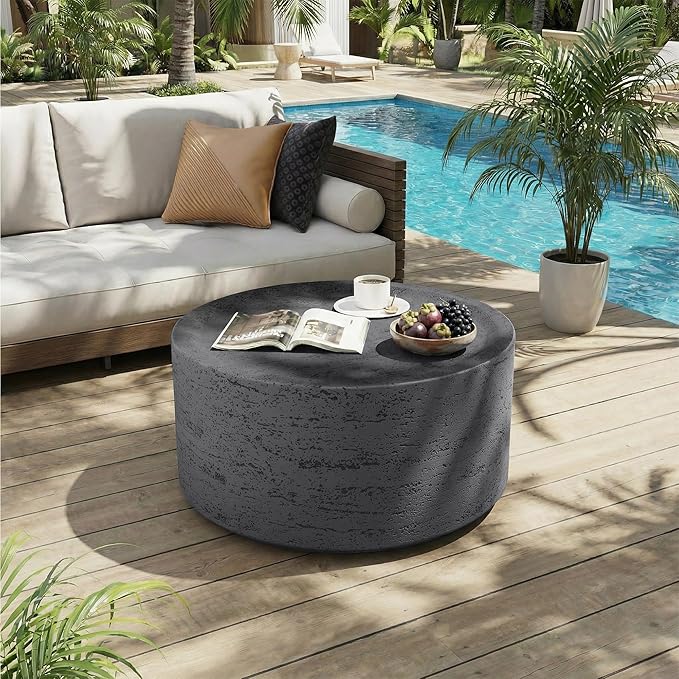 UPHA Outdoor Round Coffee Table, Small Modern Minimalist Accent Tables, Low Light Concrete Center Table for Living Room, Outside Patio, Deck, 28×28×13, Dark Grey UPHA