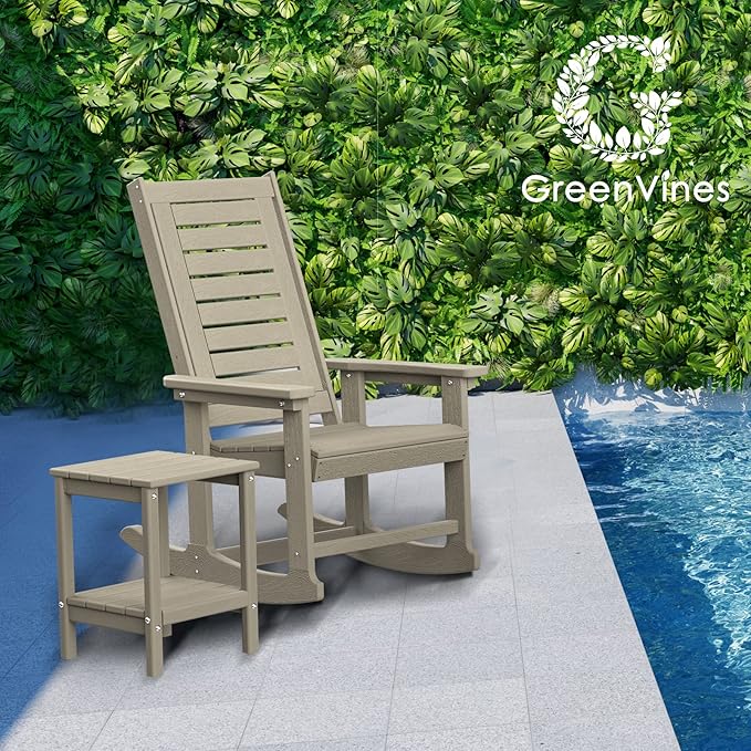 GREENVINES Outdoor Rocking Chairs | Set of 2 | Porch Rocker | HDPE Plastic | Wood Grain | Oversized Rockers | High Back | Big & Tall | Ladder Back | Desert Brown | for Patio Outside GreenVines