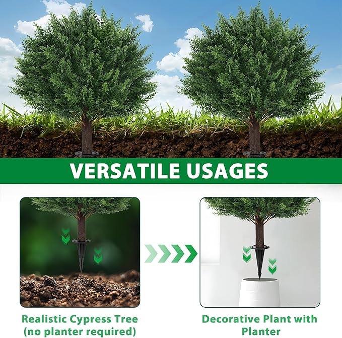 Artificial Cypress Topiary Tree with Ground Spike, Set of 2 Artificial Shrub Bushes, Fake Evergreen Tree for Porch, Artificial Plants for Outdoor Planters Indoor UV Resistant FEELTHENEWWORLD