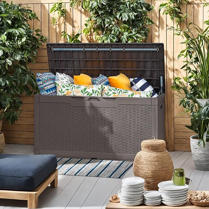 Flamaker Outdoor Storage Box 100 Gallon Waterproof Resin Deck Box Delivery Box with Air Rod Indoor Outdoor Lockable Storage Bench for Patio Cushions, Tools, Pool Accessories (Brown) Flamaker