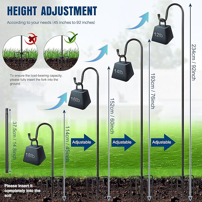 Ottsuls Shepherds Hooks with 5 Prongs Base for Outdoor - 92" Adjustable Bird Feeder Pole for Outside Hanging, Garden, Hummingbird Feeder, Plant Baskets, Solar Light Lanterns, Wedding Decor (1 Pack) Ottsuls