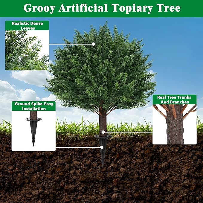 Artificial Cypress Topiary Tree with Ground Spike, Set of 2 Artificial Shrub Bushes, Fake Evergreen Tree for Porch, Artificial Plants for Outdoor Planters Indoor UV Resistant FEELTHENEWWORLD