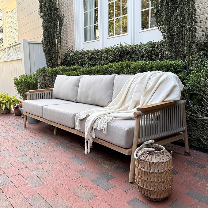 Acanva Modern All-Weather Aluminum Outdoor Patio Sofa with Thick Cushions, Olefin Fabric Sunroom Backyard Furniture, Couch Light Khaki acanva