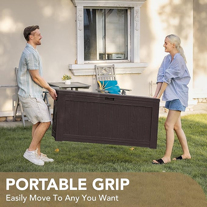 Devoko 120 Gallon Deck Box Resin Outdoor Storage Box Waterproof for Patio, Large Outdoor Storage Bench Lockable for Outside (Deep Brown) DEVOKO