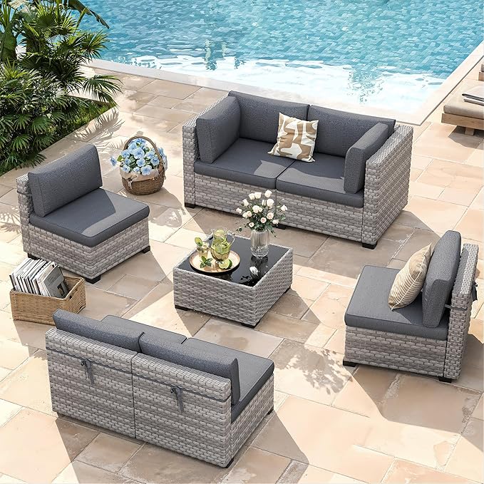6-Piece Outdoor Patio Furniture Set, All-Weather Wicker Sectional Sofa with Deep Seating 4” Cushions, Heavy-Duty Steel Frame, Modular Rattan Couch for Backyard, Deck & Garden, Black MASIONBACKYARDS