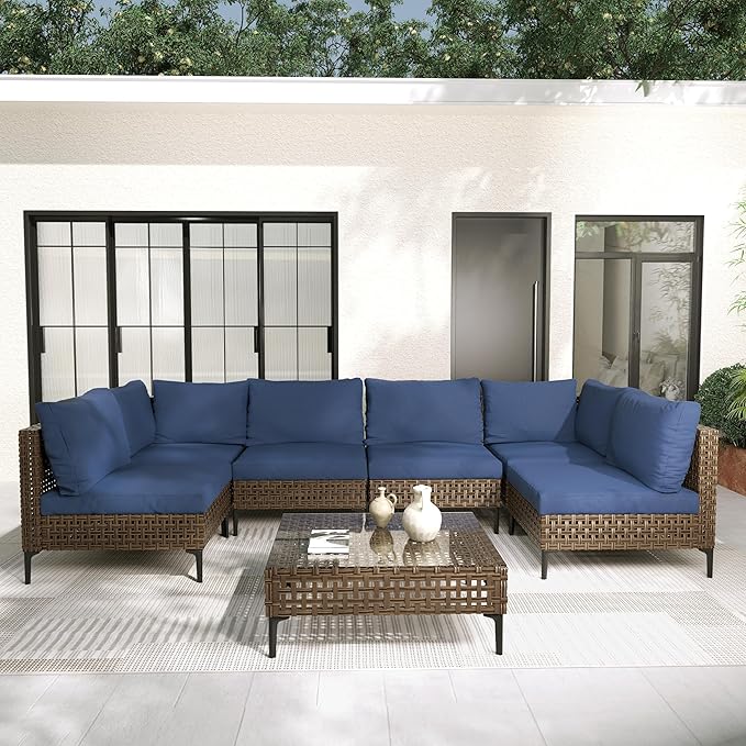 Grand patio Wicker Patio Furniture Set, All Weather Outdoor Sectional Sofa with Blue Thick Cushions and Coffee Table, 7 Pieces Sectional, Brown GrandPatio