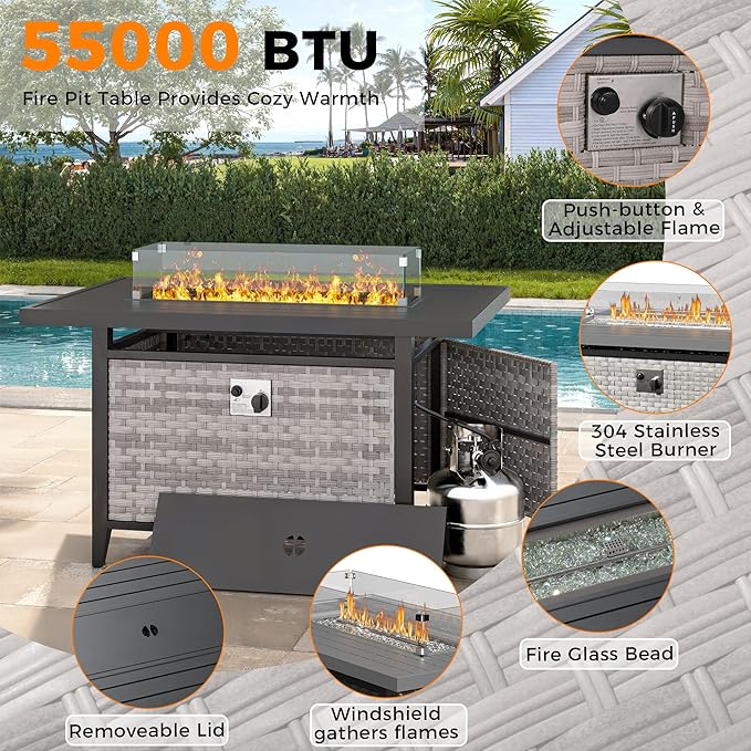 14-Seat Outdoor Wicker Patio Furniture Set with Fire Pit Table, Modular Rattan Sectional Sofa & 2 Swivel Rocking Chairs, 4" Thick Cushions, Rust-Resistant Frame,Beige MASIONBACKYARDS