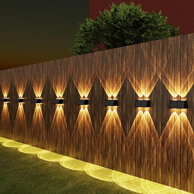 8-Pack Solar Fence Lights, Up & Down Lighting, 50LM/25LM 4 Modes (3000K/6500K), IP65 Waterproof, 1200mAh Battery, Screw/Adhesive Mount for Garden Wall Path Deck Involux