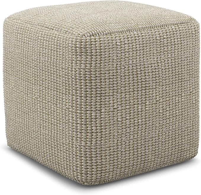 SIMPLIHOME Zelma Square Pouf – 18 inch Wide Upholstered PET Polyester Ottoman in Cream and Natural, Boho Indoor/Outdoor Footstool or Extra Seating for Living Room, Bedroom, or Patio, Assembled SimpliHome