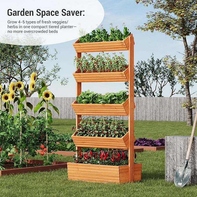 Vertical Wooden Raised Garden Bed Planters Wood Planter Kit Plant Stand Flower Rack Planter Box Gardening for Plants Herbs Flowers Vegetables Outdoor Indoor Freestanding (Orange 5-Tier) RHINEINMIST
