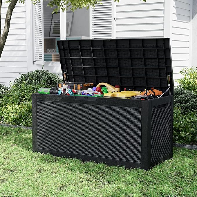 Outdoor Storage Box, Resin Deck Boxes Indoor and outdoor, Waterproof Storage Box Lockable Lid (Black, 101 Gallon) NBYSGO