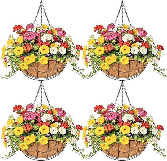 4 Pack 14 Inch Hanging Baskets for Plants Outdoor Metal Hanging Planter Hanging Flower Baskets with Coco Fiber Liners Chain Round Wire Plant Holder Hanging Flower Pots(Flower Border) Qusuxi