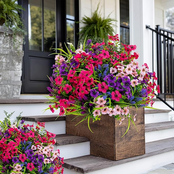 Artificial Flowers for Outdoors Fake Plants - 16 Bundles Faux Outside Greenery Boxwood No Fade Plastic Shrubs Fall Decor Farmhouse Home Garden Thanksgiving Mums (Mix White Purple Pink) AXYLEX