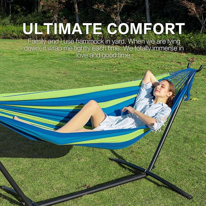 PNAEUT Double Hammocks with Stand for Outside, Portable Space Saving Heavy-Duty Steel Stand for Indoor Outdoor Patio with Sidebag, 450 lbs Capacity (Blue) PNAEUT