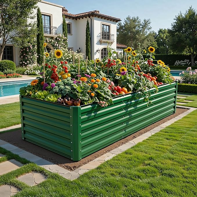 YITAHOME 4pcs 8x4x2 ft Galvanized Raised Garden Bed Kit, Large Metal Planter Box with Gloves, Safety Rubber & Support Rod, Outdoor Flower Bed for Plants Vegetables, Green YITAHOME