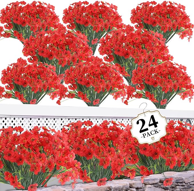 24 Red Bundles Artificial Flowers for Outdoors/Indoors Fake Flowers Plants for Indoor Outside Garden Porch Window Box Home Wedding Farmhouse ColoPlay
