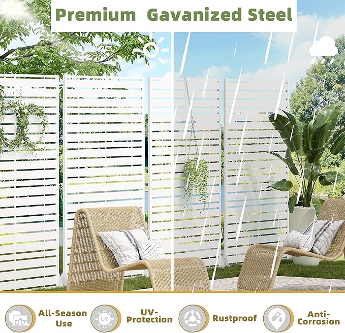 Casaphoria 72" H x 47" W Metal Privacy Screen, Outdoor Freestanding Decorative Divider for Patio, Deck, Balcony, and Garden with Stable Base, White-Adams Casaphoria
