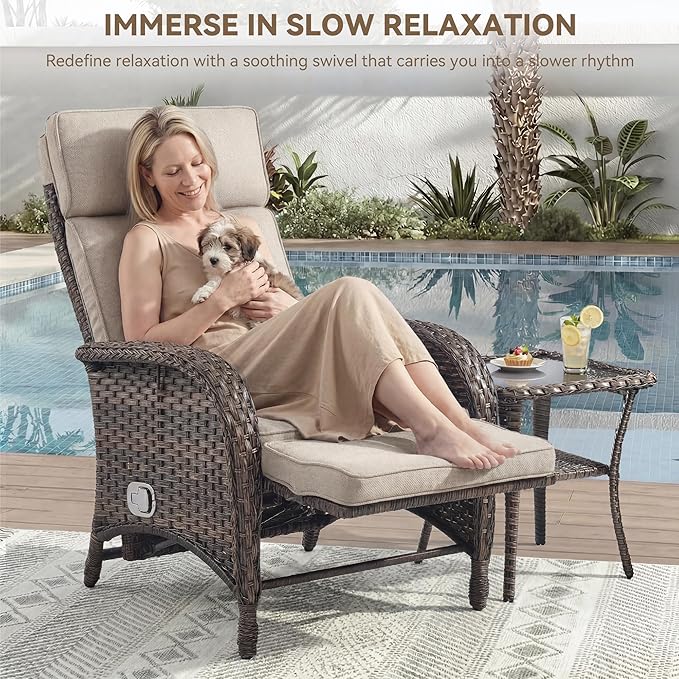 3 Pieces Zero Gravity Wicker Patio Recliner Chairs Set of 2 - Wicker Outdoor Lounge Chair with Side Table, Adjustable Backrest & Footrest, High Back Outdoor Recliner Chair for Pool Deck Beige JelwalyPatioFurnitureSet