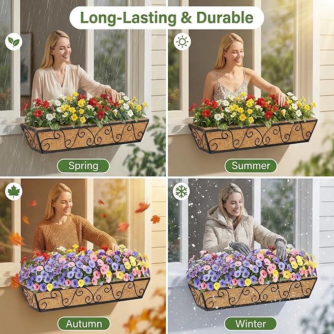 Y&M 30 Inch Butterfly Window Deck with Coco Liner, Fence Metal Hanging Flower Planter Window Basket Deck Railing Planter Boxes for Outdoor Garden Lawn 2pcs YM
