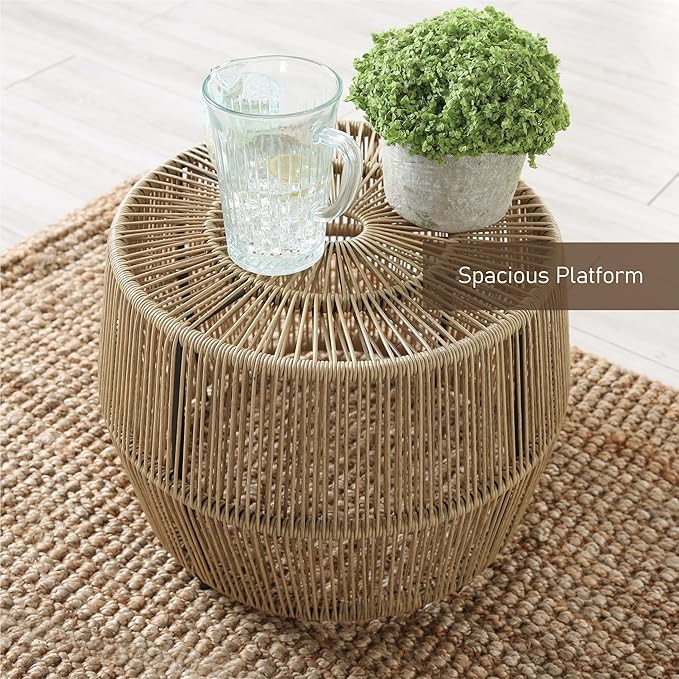 Furniture of America Ysar Boho Rattan Round Coffee Table Outdoor with Metal Frame, All-Weather and Rust Resistant, Handcrafted Coastal Furniture for Patio, Poolside, Garden, Yard, Natural Brown FurnitureofAmerica