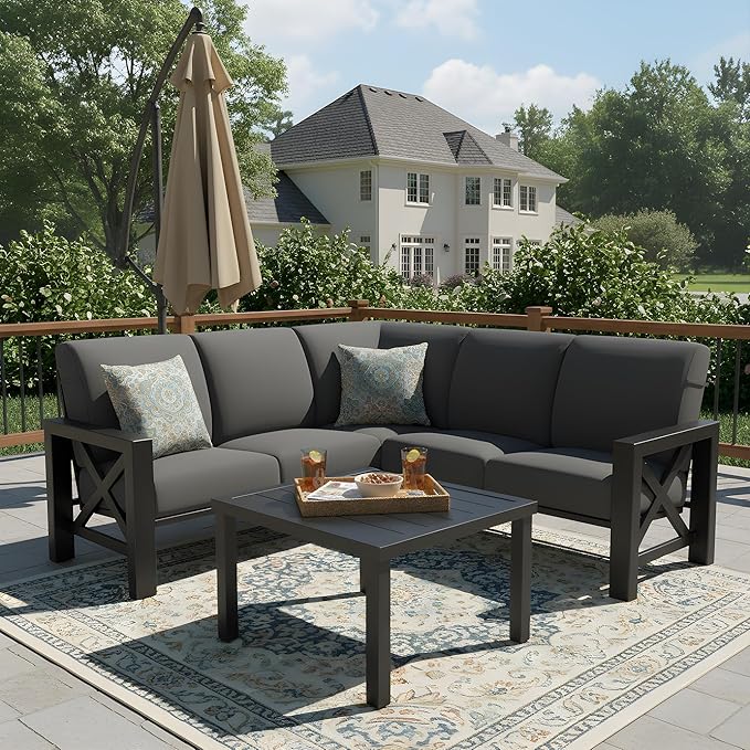 NATURAL EXPRESSIONS 6 Pieces Patio Furniture Sets, Metal Outdoor Sectional Furniture L Shape Patio Conversation Sets,Highback Frame,Metal Table,Large Waterproof Cover, 6.5" Olefin Cushions,Dark Grey NaturalExpressions